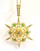 VICTORIAN DEMANTOID & PEARL STARBURST 15ct gold, 3.5cm diameter starburst with grain set half pearls