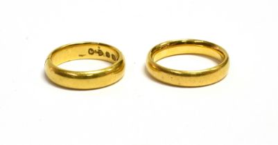 TWO 22CT GOLD WEDDING BANDS One 4.4mm wide, ring size K, hallmarked Sheffield 1874, one 4.0mm