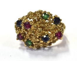 MULTI GEM SET 9CT GOLD RING Textured bombe style head set with 3.0mm round mixed cut sapphires,