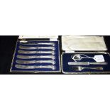 ANTIQUE STERLING SILVER FLATWARE To include a boxed set of six, silver handled knives with scroll