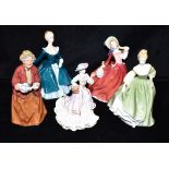 FOUR ROYAL DOULTON FIGURES AND ANOTHER: HN1911 'Autumn Breezes', HN2461 'Janine', HN2193 'Fair