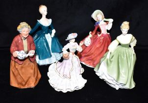 FOUR ROYAL DOULTON FIGURES AND ANOTHER: HN1911 'Autumn Breezes', HN2461 'Janine', HN2193 'Fair