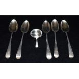 GEORGIAN SILVER SPOONS Five Hanoverian patterned spoons, monogrammed terminals, hallmarked London