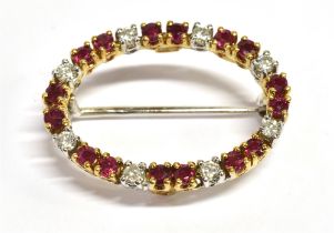RUBY & DIAMOND OVAL BROOCH 18ct gold oval claw set brooch, 2.5cm long x 2.0cm wide, alternating