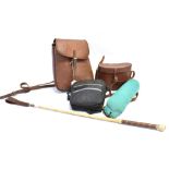A LEATHER PICNIC SHOULDER BAG a riding crop, a pair of 'Visionary' binoculars, cased, a leather