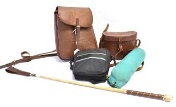 A LEATHER PICNIC SHOULDER BAG a riding crop, a pair of 'Visionary' binoculars, cased, a leather