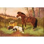 FRANK S. BENNETT Pony and spaniel with the day's bag, oil on canvas, indistinctly signed lower