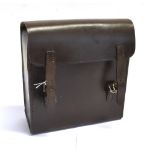 A DARK LEATHER SADDLE BAG with divider for saddle mounting, width 18cm