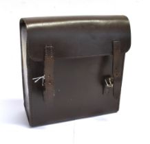 A DARK LEATHER SADDLE BAG with divider for saddle mounting, width 18cm