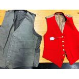 TWO RED WAISTCOATS one with fox mask brass buttons, a gent's tweed waistcoat, size 44' and two