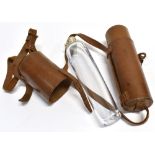 A GLASS FLASK with plated top in brown leather holder with shoulder strap, holder 28.5cm