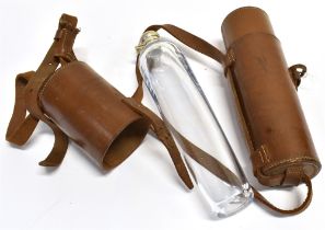 A GLASS FLASK with plated top in brown leather holder with shoulder strap, holder 28.5cm