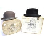 GREY BOWLER HAT hard top, by Scott, London, in original cardboard box, with trilby hat in original