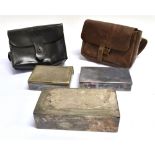 A RECTANGULAR PLATED SANDWICH CASE in brown leather holder for saddle mounting, another smaller in