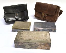 A RECTANGULAR PLATED SANDWICH CASE in brown leather holder for saddle mounting, another smaller in