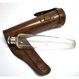 TAPERED GLASS FLASK in leather holder for saddle mounting, length 15cm