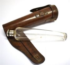 TAPERED GLASS FLASK in leather holder for saddle mounting, length 15cm