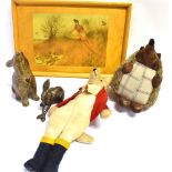 A TRAY WITH PHEASANT SCENE DECORATION a soft toy fox in hunt dress, a hedgehog fabric doorstop and
