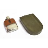 JAMES DIXON & SON SHEFFIELD SMALL GLASS HIP FLASK with screw top, half leather, mounted with