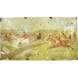 A METAL ADVERTISING SIGN 'ELLIMANS EMBROCATION', a hunting scene, full cry, jumping a stream,