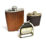 TWO CURVED LEATHER COVERED HIP FLASKS 5oz & 8oz and a stirrup calendar