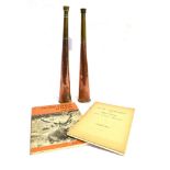 TWO COPPER AND BRASS HUNTING HORNS length 32cm and 33cm, and two hunting leaflets