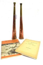 TWO COPPER AND BRASS HUNTING HORNS length 32cm and 33cm, and two hunting leaflets