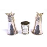 A PAIR OF SILVER PLATED FOX STIRRUP CUPS 15cm high and a Derby Silver Co., Derby plated '62' three