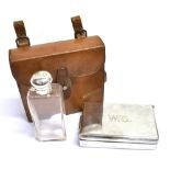 SANDWICH TIN AND GLASS FLASK in leather case, for saddle mounting, case 14 x 14cm