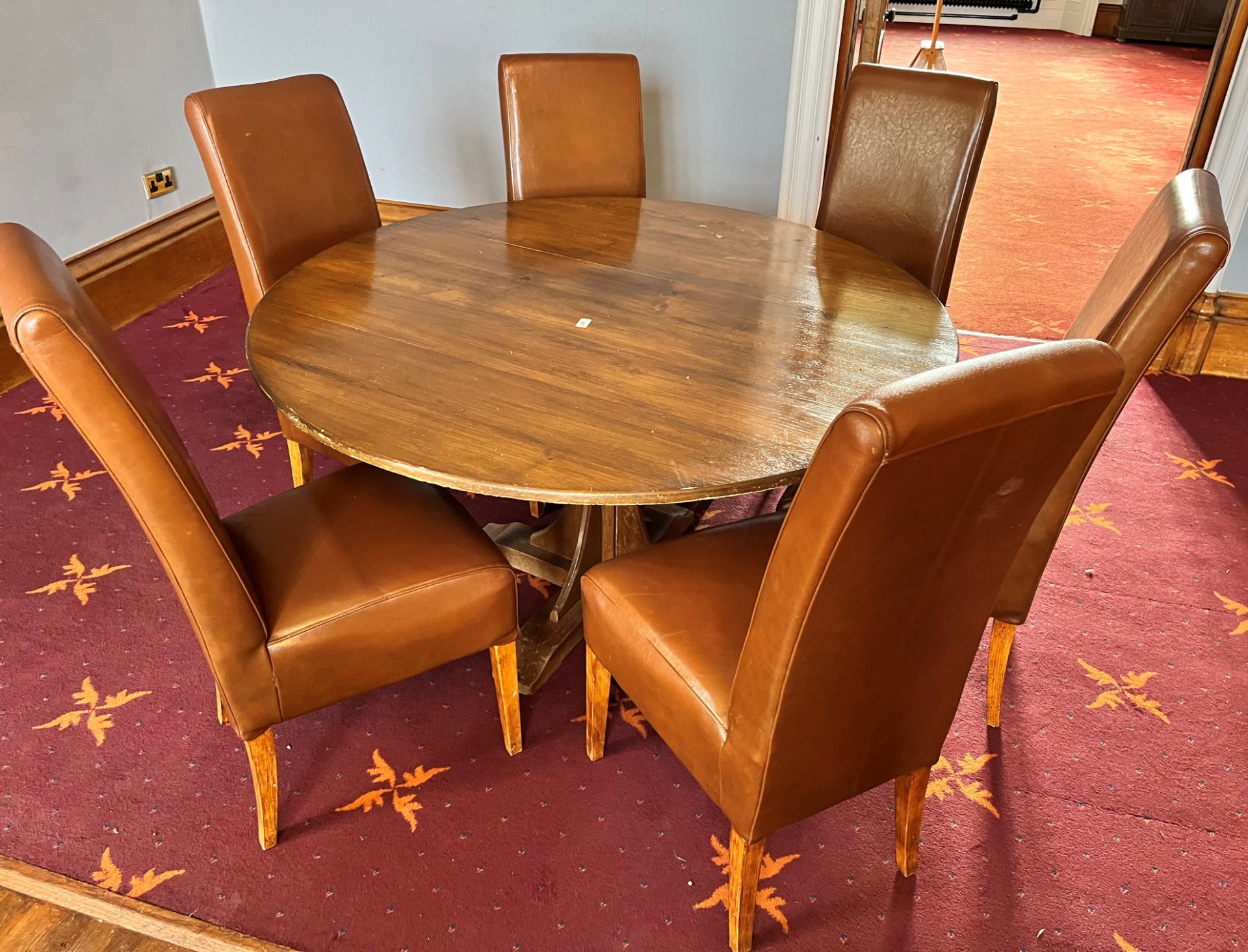 CIRCULAR TABLE AND SIX HIGH BACK CHAIRS