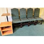 FOUR GREEN CHAIRS, CABINET, TROLLEY STAND