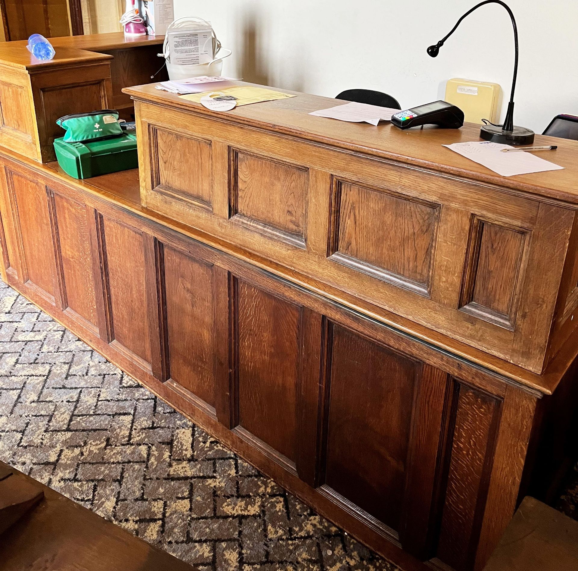 LARGE OAK RECEPTION DESK, CHAIR ETC. - Image 2 of 2