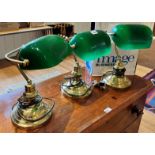 THREE DESK LIGHTS WITH GREEN SHADES