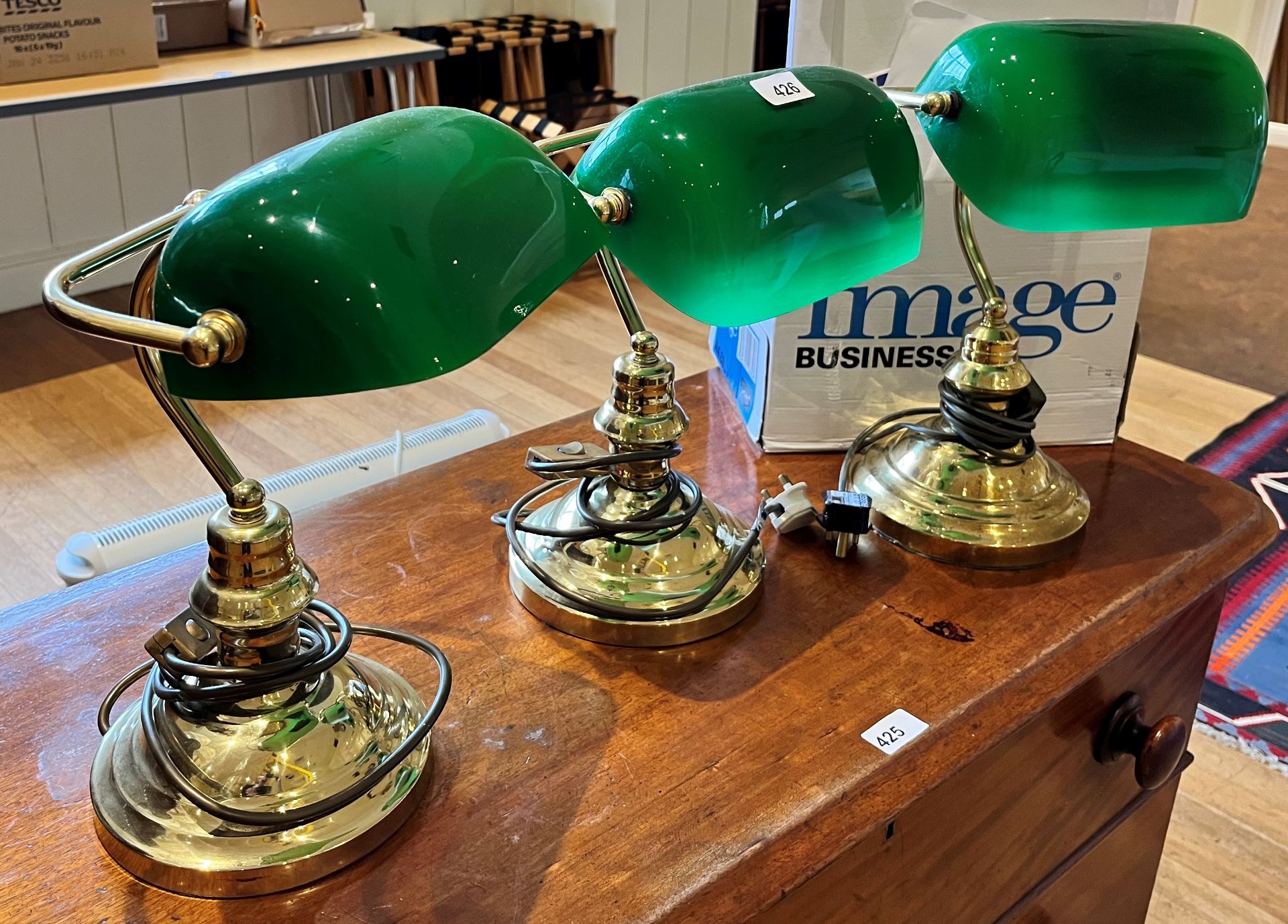 THREE DESK LIGHTS WITH GREEN SHADES
