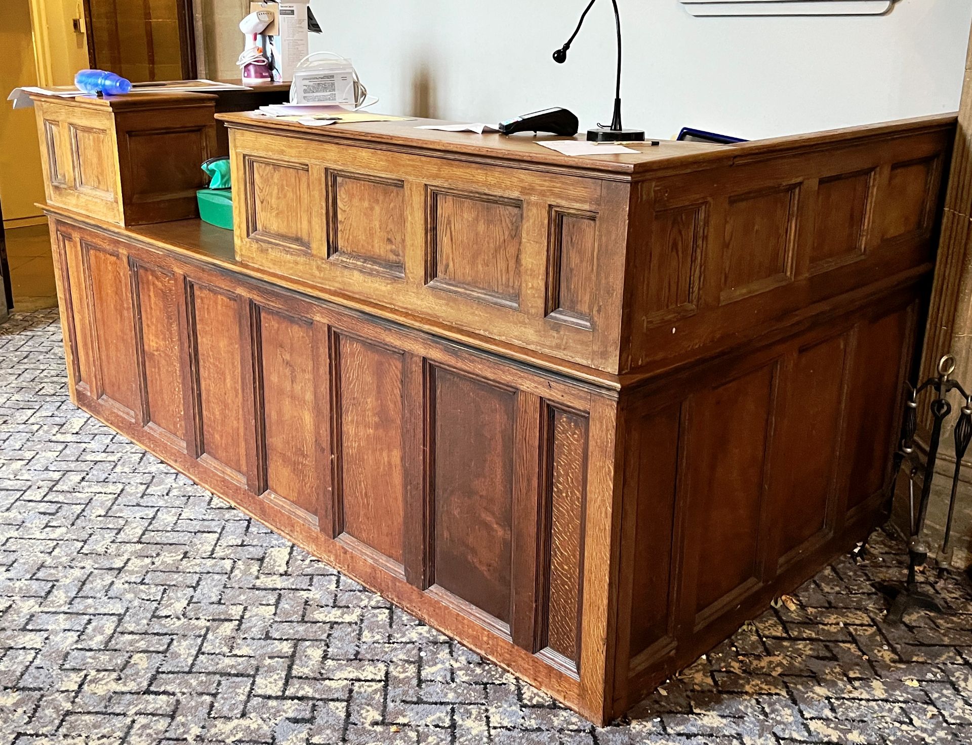 LARGE OAK RECEPTION DESK, CHAIR ETC.