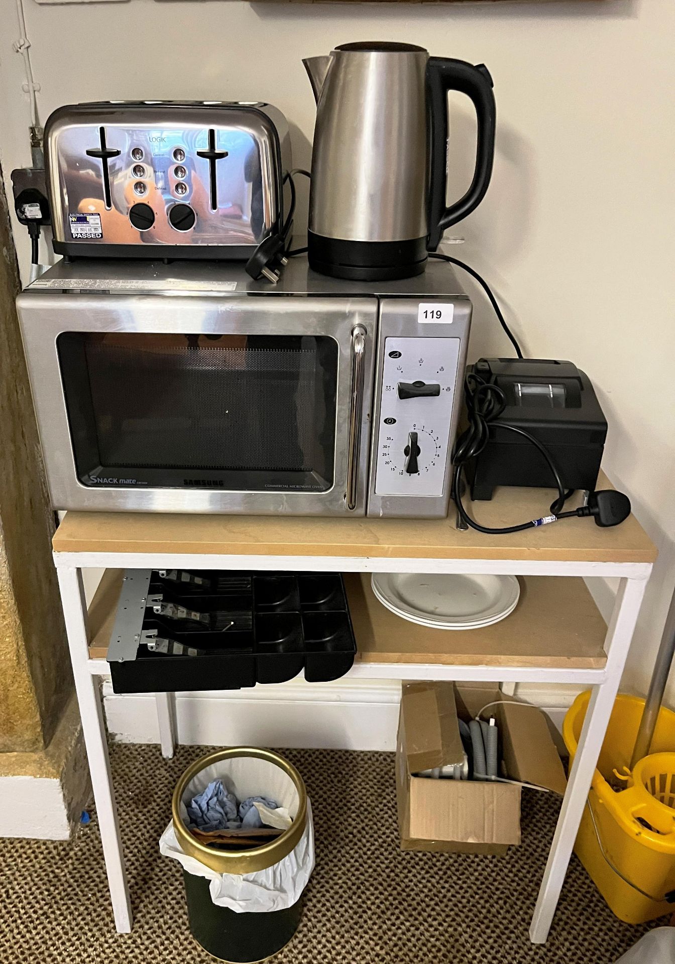 MICROWAVE, TOASTER, KETTLE AND STAND ETC.
