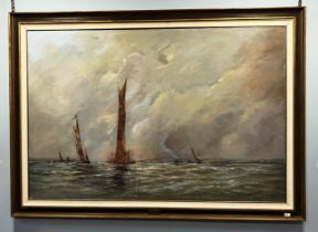 LARGE TOM MCARTHUR PICTURE OF SAILING SHIPS, DATED 1987