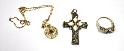 9CT GOLD & SILVER JEWELLERY To include a 9ct gold and garnet set pendant (2.4 grams), a silver