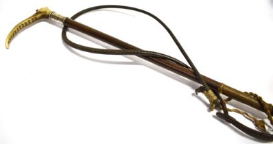 LADIES RIDING CROP leather plaited shaft and thong, and with antler grip and silver collar by