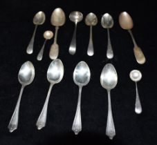 VARIOUS ANTIQUE STERLING SILVER SPOONS To include a small Georgian soup ladle, two mustard spoons,