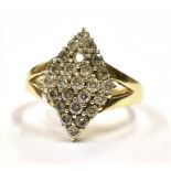 9CT GOLD & DIAMOND PAVE SET RING A navette shaped pave set head, with round brilliant cut