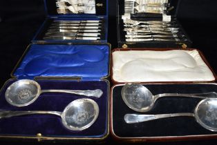 SILVER PLATED SERVING ITEMS To include a cased set of six Elkington plate fish knives and forks, two