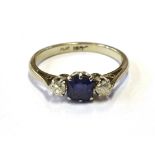 SAPPHIRE & OLD CUT DIAMOND RING Octagonal mixed cut sapphire, estimated 0.83 carats, dark violet