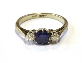 SAPPHIRE & OLD CUT DIAMOND RING Octagonal mixed cut sapphire, estimated 0.83 carats, dark violet