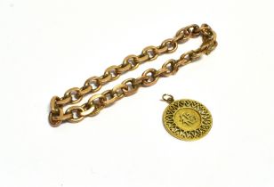 14CT GOLD BRACELET & ASIAN PENDANT 19cm long, x 6.9mm wide, rose gold, filed curb link chain with