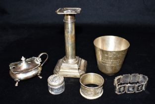 VARIOUS ANTIQUE STERLING SILVER ITEMS To include a neo classical shaped candlestick, napkin ring,