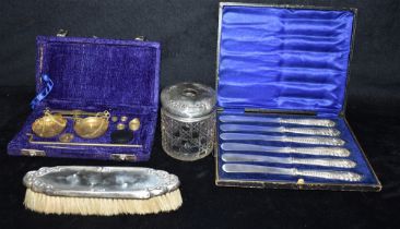 SILVER MOUNTED ITEMS & JEWELLERS SCALES To include a hair brush, silver topped cosmetic pot with