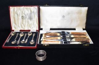 SILVER ITEMS & MAPPIN & WEBB KNIVES Six cased silver teaspoons with intricately chased handles and