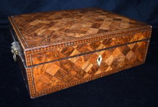 A VICTORIAN PARQUETRY INLAID BOX decorated with various veneers, including burr walnut, rosewood and