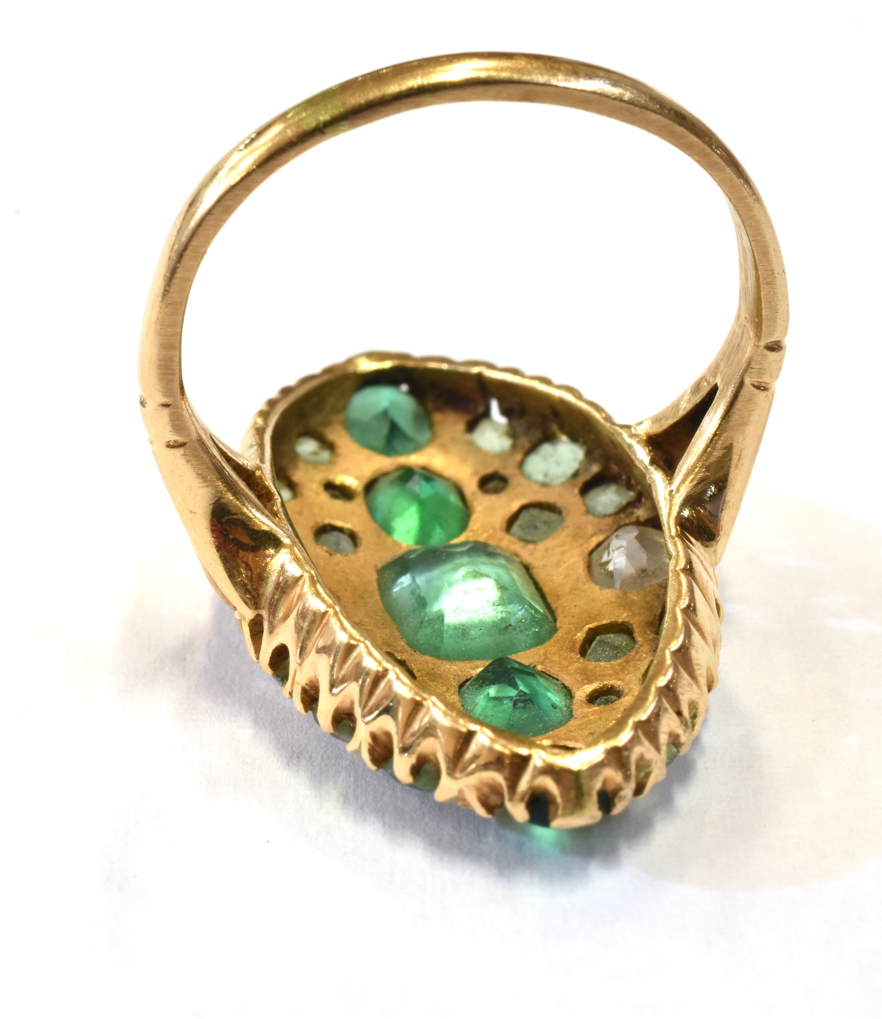 ANTIQUE 15CT GOLD EMERALD & DIAMOND RING 29.5 x 17.1mm navette shaped ring, mille grain set with a - Bild 2 aus 2